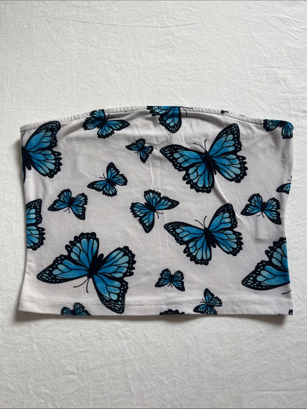 Blue Butterfly Print Strapless Crop Top